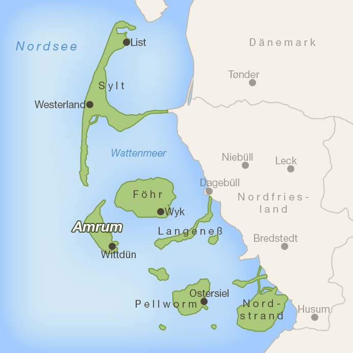 Lage der Insel Amrum im Wattenmeer vor der nordfriesischen Küste