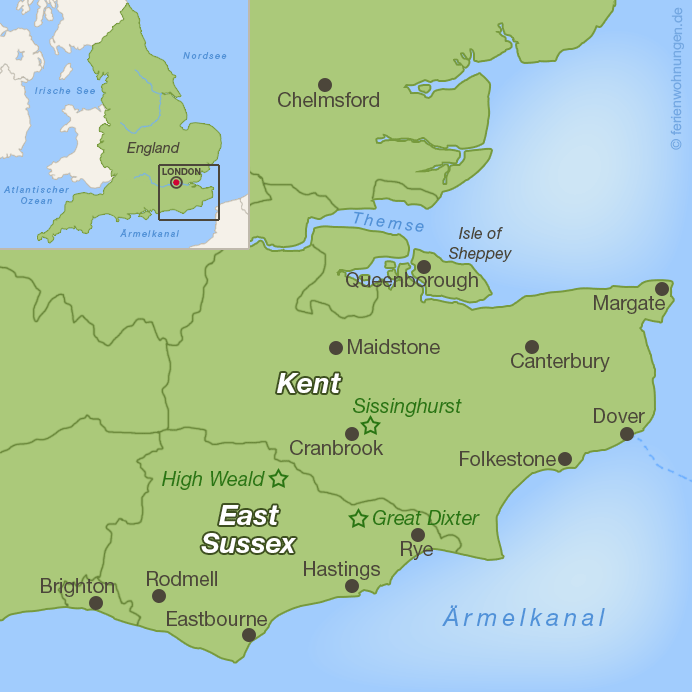 Karte von Südostengland mit Kent und East Sussex